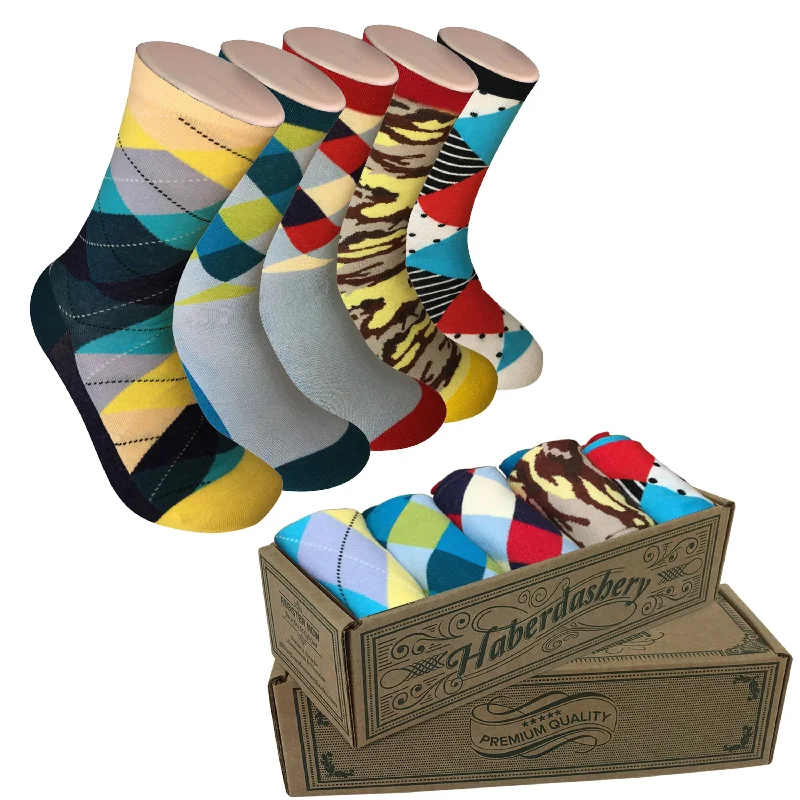 Retro argyle socks-5 Pair Mens Funky Fun Colorful Socks-Hipster Power Socks-Premium Cotton Socks