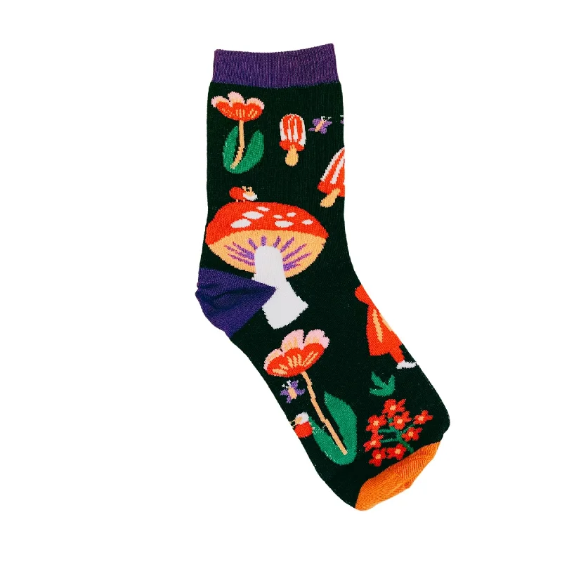 Fuzzy bedtime socks-Amanita Trippy Mushroom Black Cotton Crew Socks | Dark Botanical Aesthetic | Poisonous Mushroom