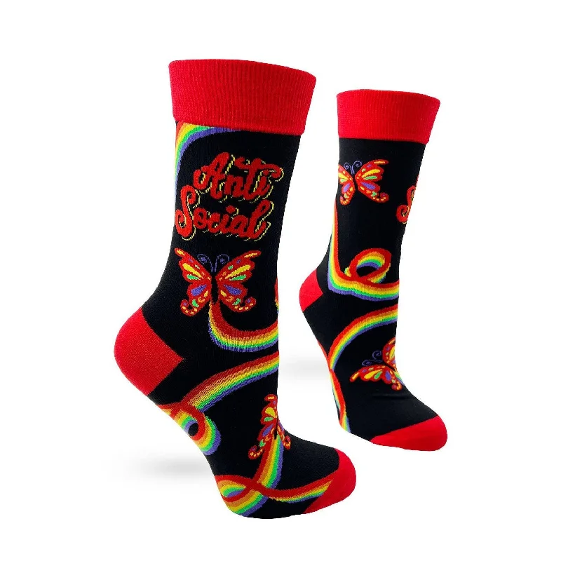 Breathable gym socks-Anti Social Butterfly Women's Crew Socks | Black and Red Ladies Novelty Socks