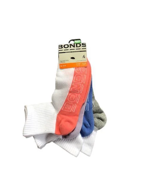 Adorable cat socks-Bonds Girls Logo Light Quarter Crew Socks 4 Pack - White/Peach/Lilac/Blue/Grey