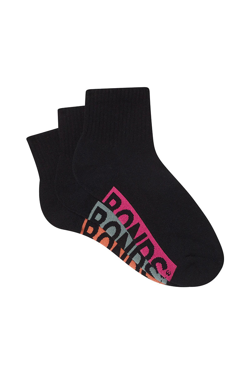 Organic knit socks-Bonds Womens Logo Cushioned Quarter Crew Socks 3 Pack - Black With Pink/Blue/Peach