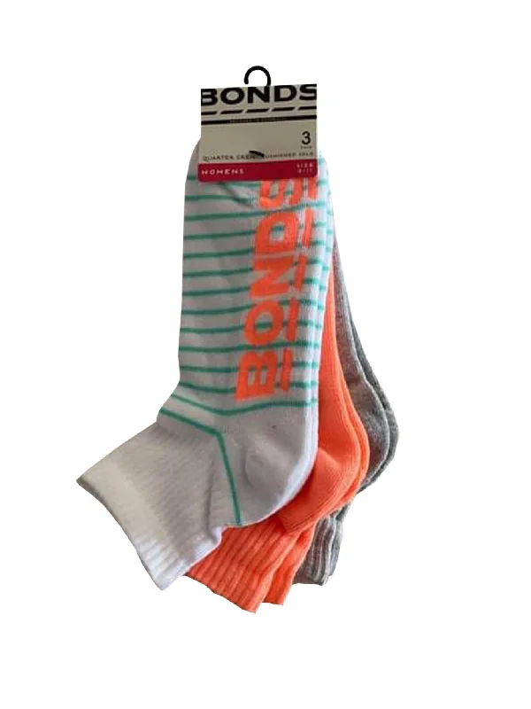 Retro wool crew-Bonds Womens Logo Quarter Crew 3 Pack Socks - Green Stripe/Peach/Grey