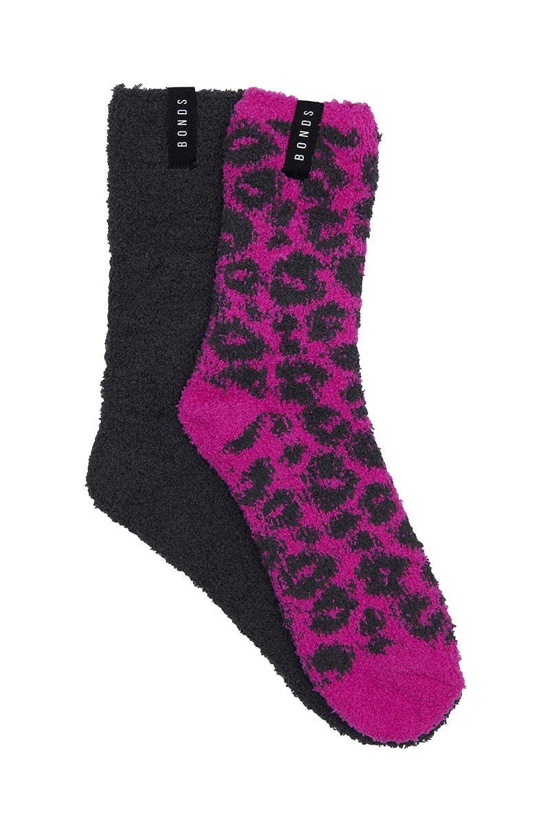 Classic beige socks-Bonds Womens Supersoft Crew Socks 2 Pack - Purple Lepoard/Charcoal