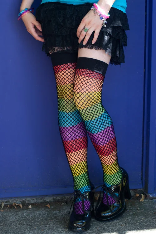 Casual thick socks-Fishnet Overlay Rainbow Thigh High