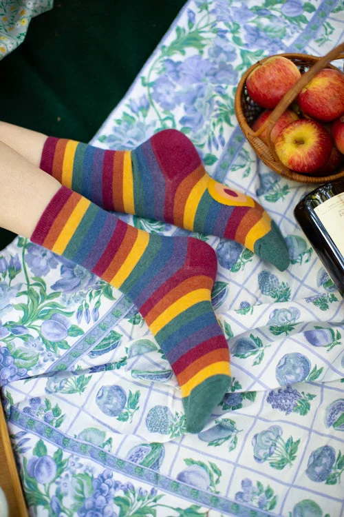 Handmade cozy socks-Heather Rainbow Striped Crew