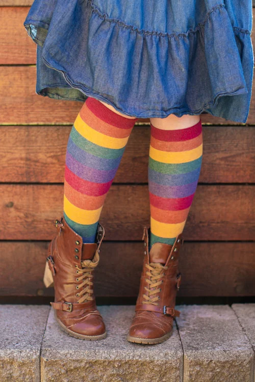 Bold athletic socks-Heather Rainbow Striped Knee High