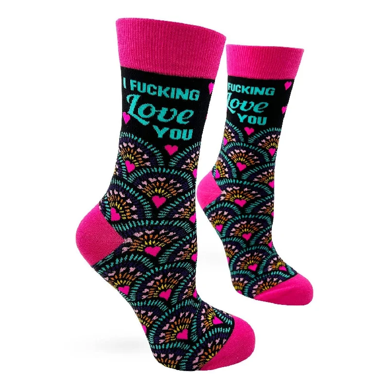 Athletic cozy socks-I Fucking Love You Women's Crew Socks | Hearts Design Ladies Novelty Socks