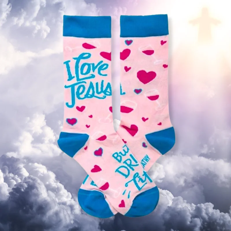 Thin workout socks-I Love Jesus But I Drink a Little Crew Socks in Pink Hearts