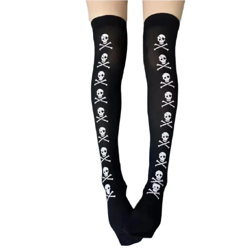 Warm knit crew-Knee High Tights Skull and Crossbones | Gothic Cotton Halloween Theme Tall Stocking Socks