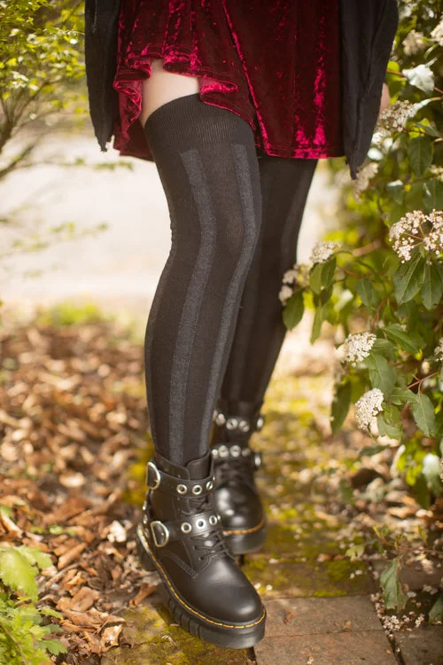 Bright floral socks-Longer Vertical Striped Thigh High - Black & Dark Charcoal