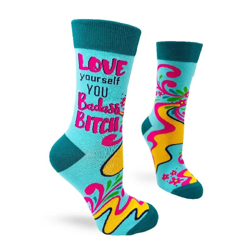 Cushioned fitness socks-Love Yourself You Badass Bitch Ladies' Novelty Crew Socks | Colorful Women's Footwear