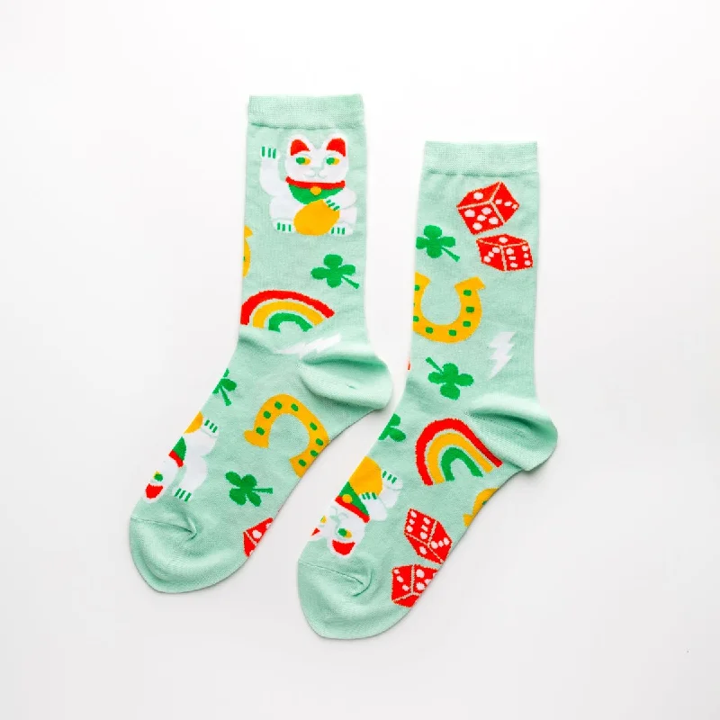 Plush striped socks-Lucky Cat & Clover Crew Socks - Small