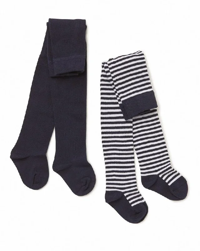 Bold zigzag socks-Marquise Girls 2 Pack Knitted Cotton Tights - Navy/White