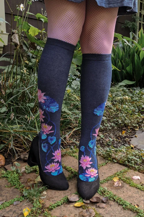 Quirky cotton socks-Moonlight Lotus Knee High