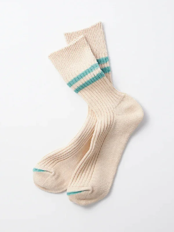 Organic knit socks-Rototo Organic Stripe Sock in White Sand Turquoise