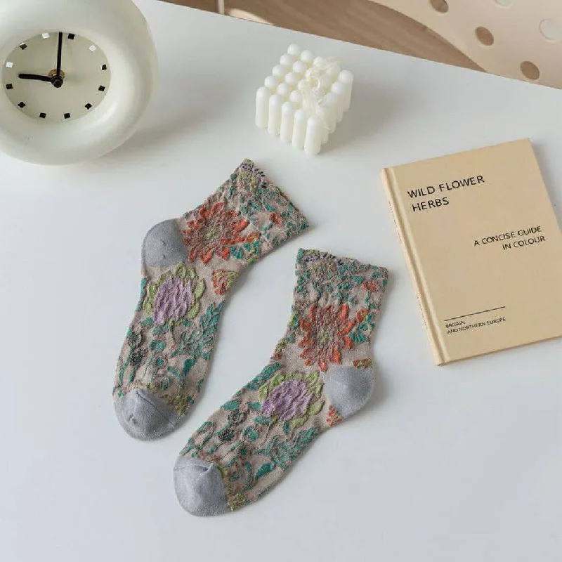 Luxury bamboo socks-3D Flower Bohemian Women's Socks in Khaki