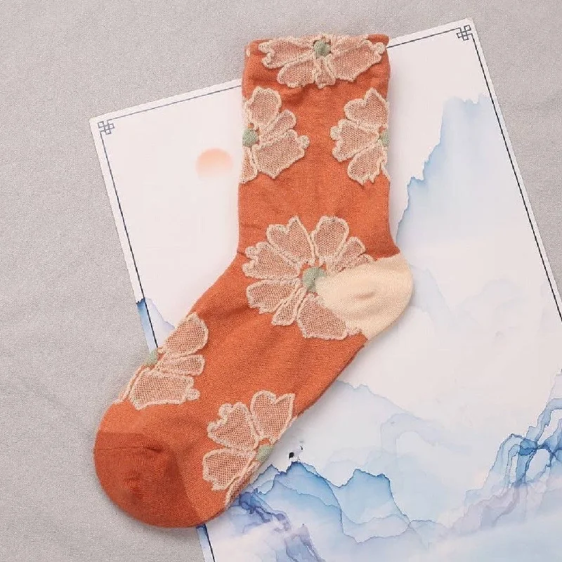 Plush cotton socks-Orange Floral Embossed Women's Socks | Bohemian Style