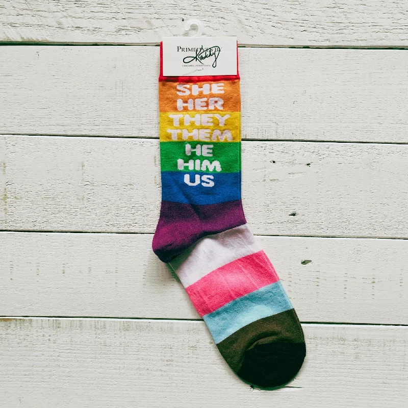 Cushioned striped socks-She Her They Them He Him Us Pronoun Socks | Pride LGBTQ+ Rainbow Pattern Socks