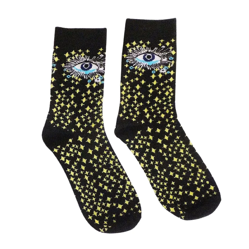 Vintage cozy socks-Third Eye Celestial Cotton Socks | Black Spooky Crew Socks