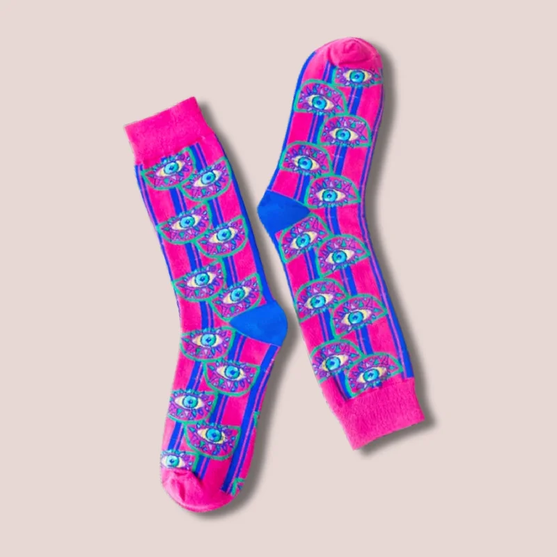 Premium holiday socks-Tropical Third Eye in Pink and Blue Cotton Socks | Women‘s Crew Socks