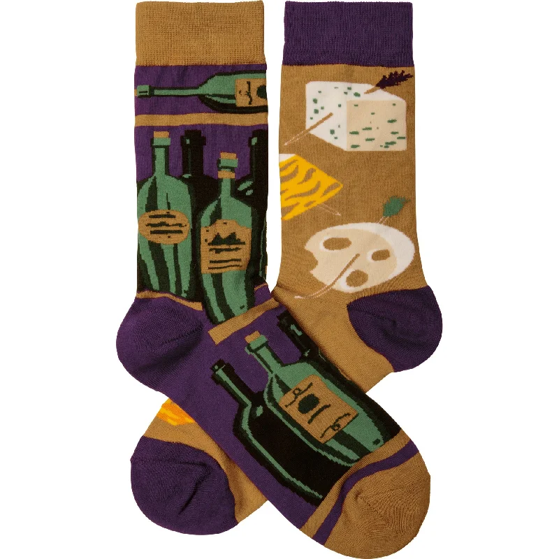 Modern thermal socks-Wine And Cheese Socks | Wine Lovers Mismatched Socks