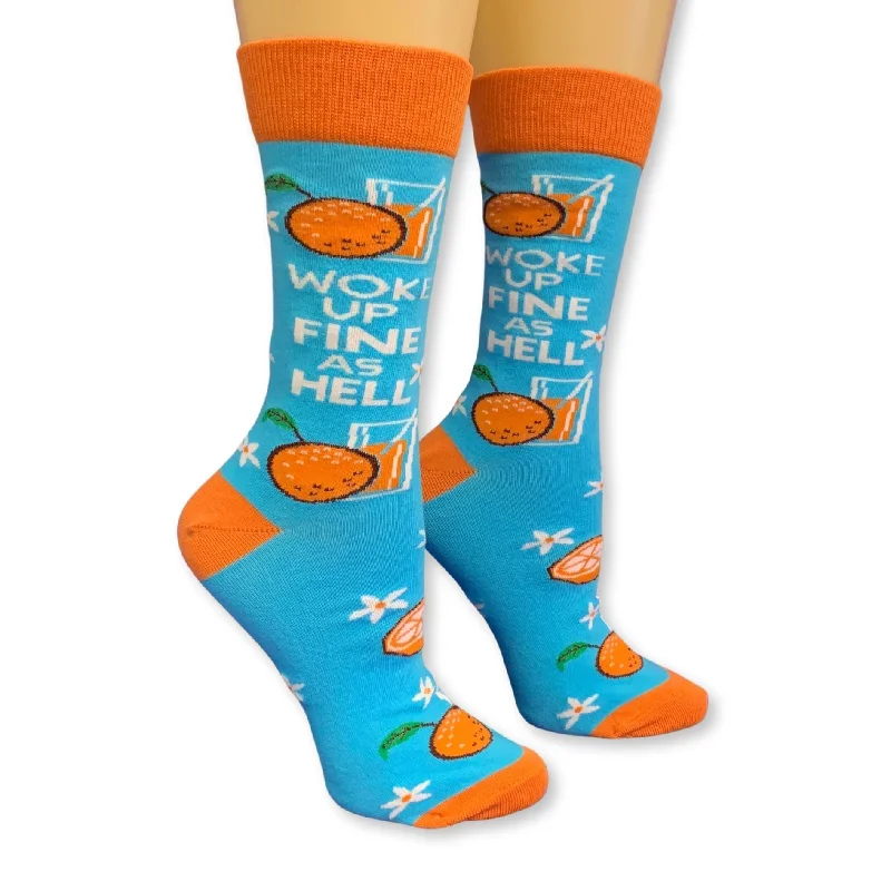 Warm running crew-Woke Up Fine As Hell Socks in Blue | Orange Juice Illustration | Gift for Her