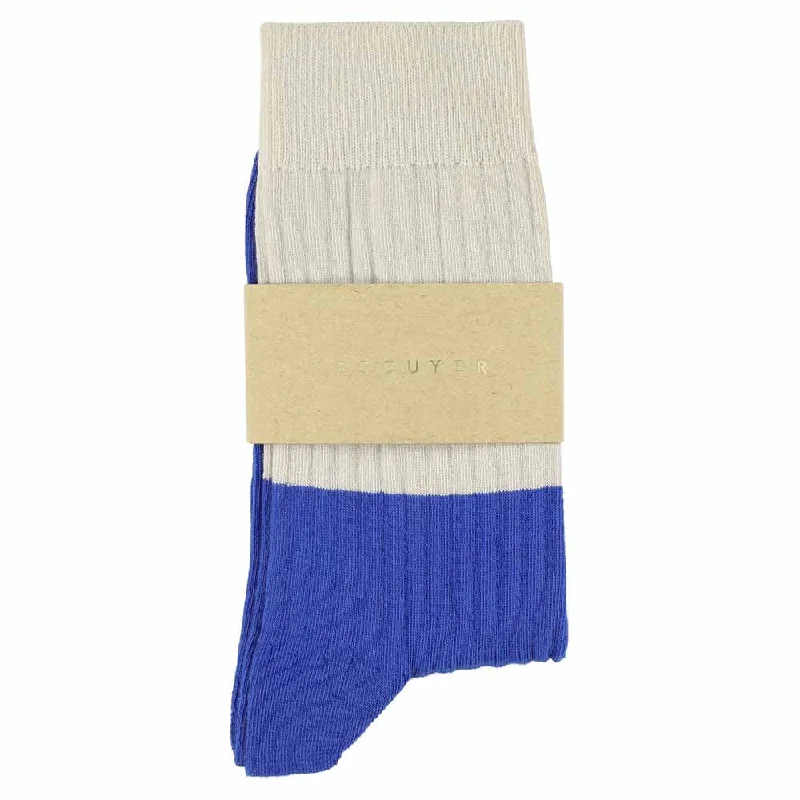 Retro bamboo socks-Women Block Socks - Ecru / Bright Blue