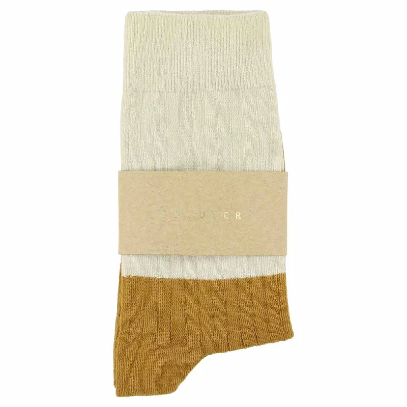 Organic knit crew-Women Block Socks - Ecru / Mustard