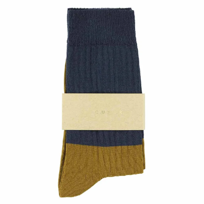 Fuzzy knit socks-Women Block Socks - Navy / Cumin