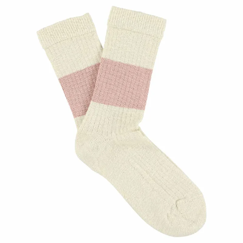 Cushioned fuzzy socks-Women Melange Band Socks - Ecru / Pink