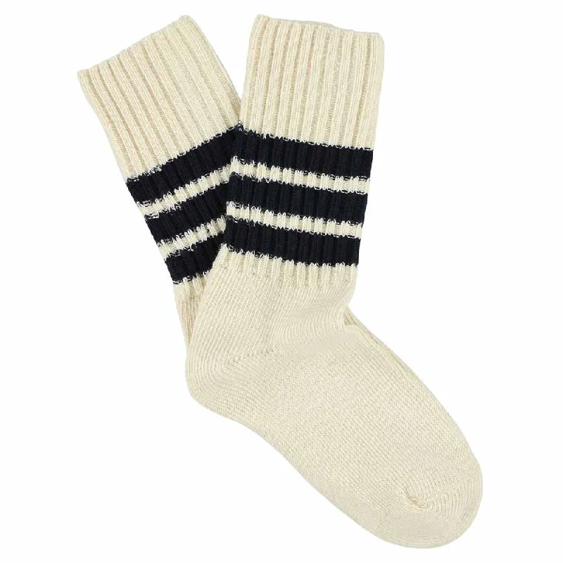 Warm flannel socks-Women Stripes Crew Socks - Ecru / Blue