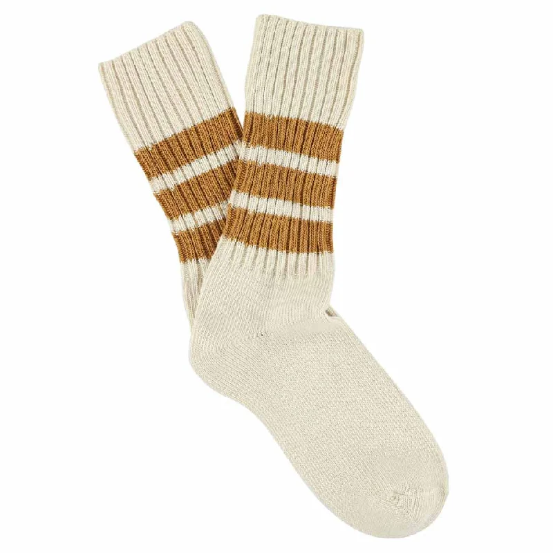 Lightweight linen socks-Women Stripes Crew Socks - Ecru / Mustard