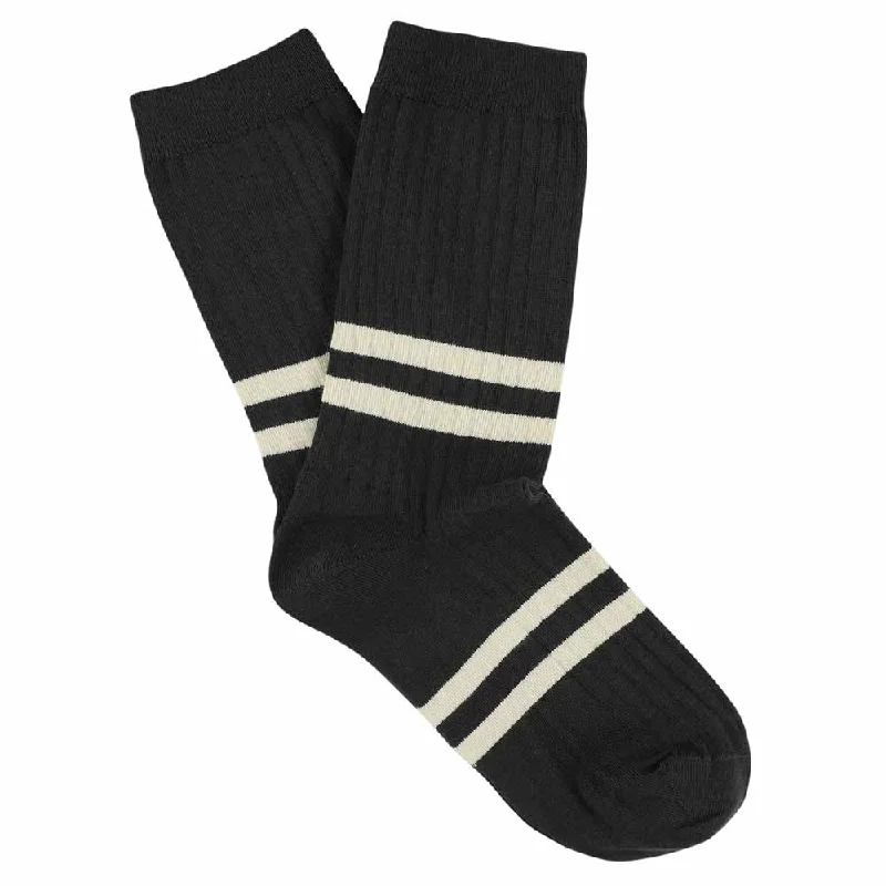 Hand-knit cozy socks-Women Stripes Off Black / Ecru