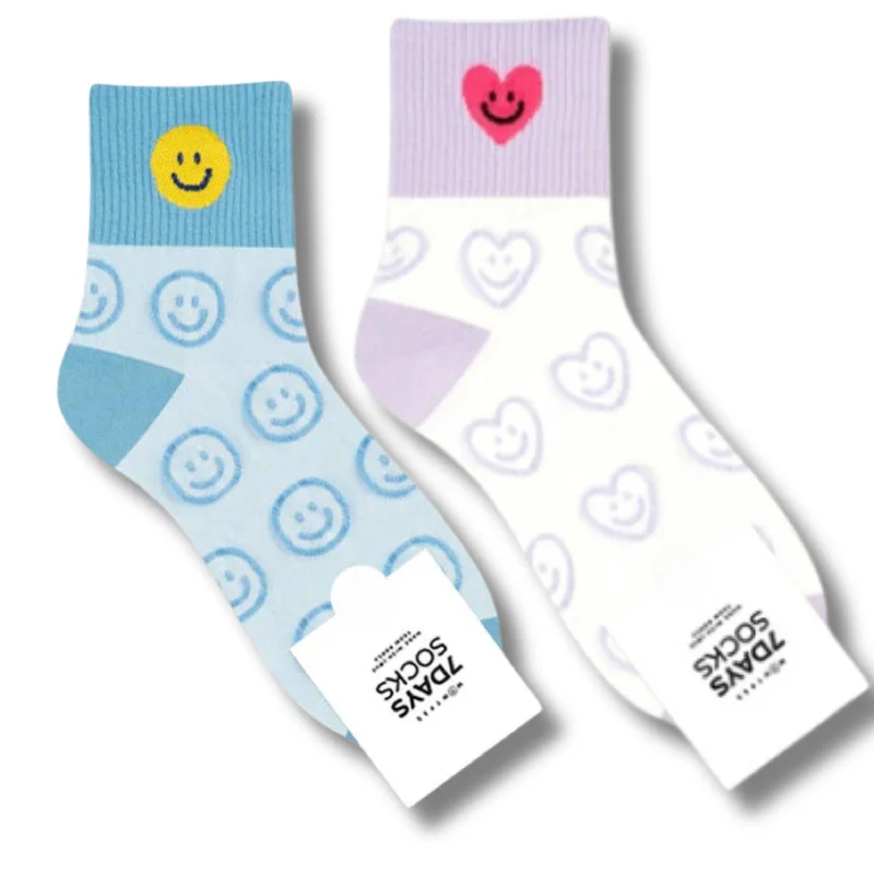 Cushioned striped socks-Heart or Smiley Women's Crew Drawing Pattern Socks [Size 5-10]