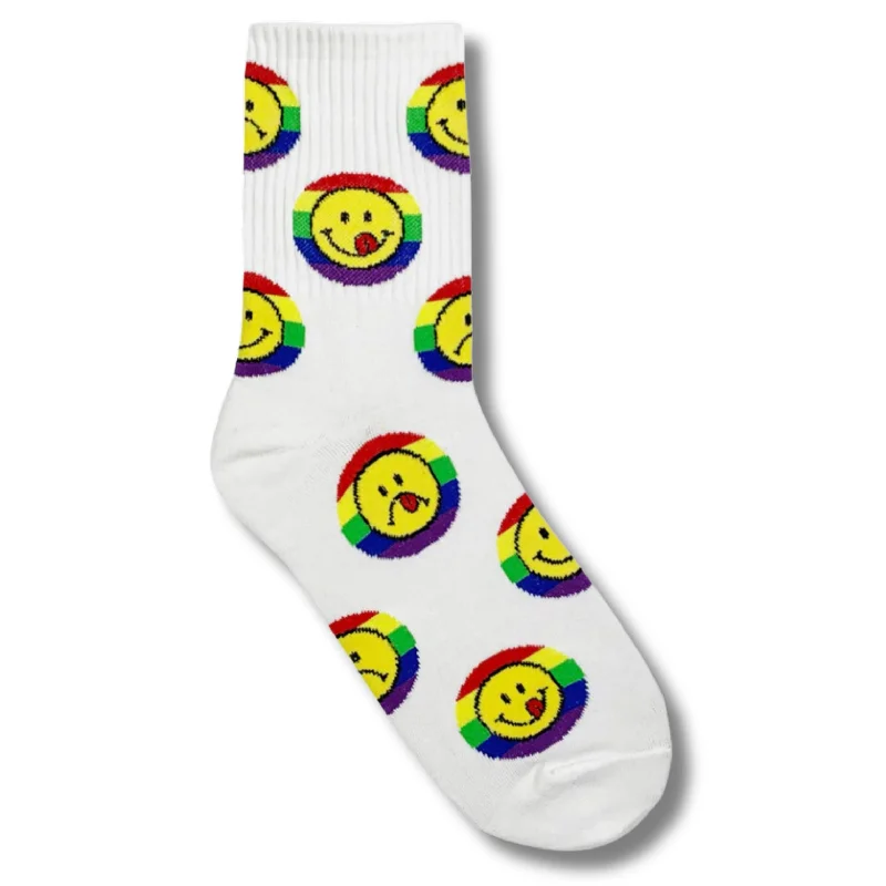 Modern thermal socks-Smile Rainbow Women's Crew Socks in White | 80s Pride LGBTQ [Size 5-10]