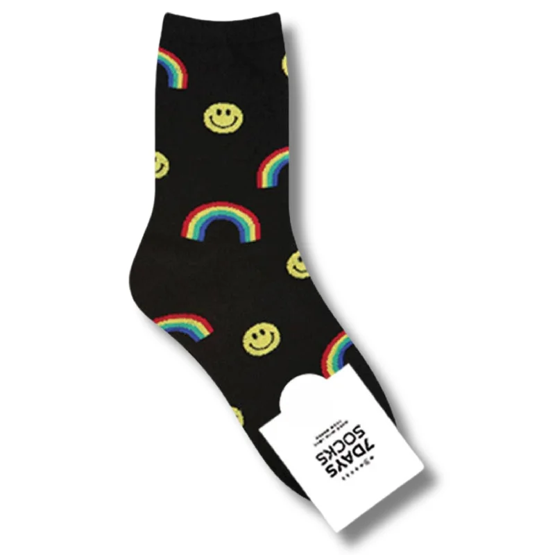 Durable knit socks-Smile and Rainbow Pattern Women's Crew Socks in Black | Gay Pride [Size 5-10]