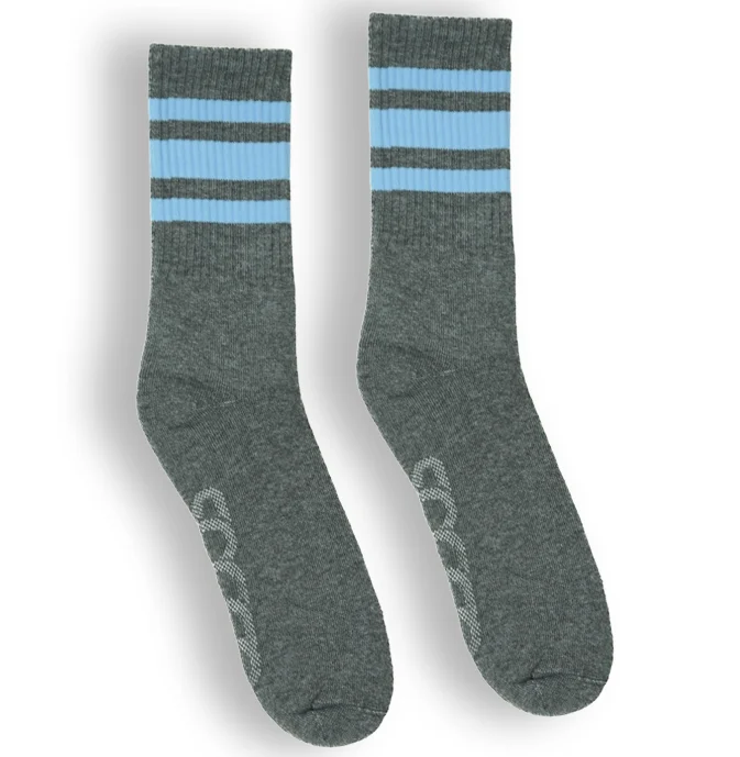 Cushioned outdoor socks-SOCCO Performance Crew | Carolina Blue Striped Socks | Dark Heather Grey