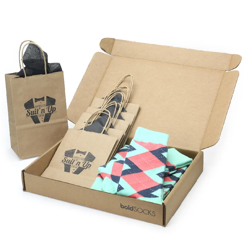 Trendy geometric socks-Customizable Groomsmen Gift Set Coral Mint Argyle Men’s Dress Socks