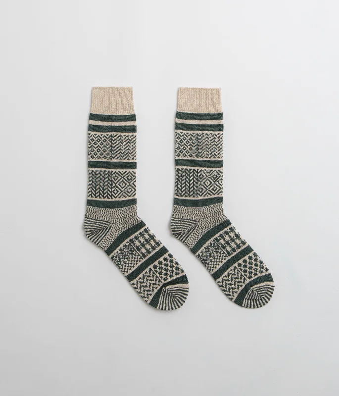 Lightweight cozy socks-RoToTo Multi Jacquard Socks - Ivory / Dark Green